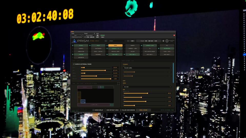 The PRISM External Overlay plug-in over the picture it drives: timecode and meters on a night skyline