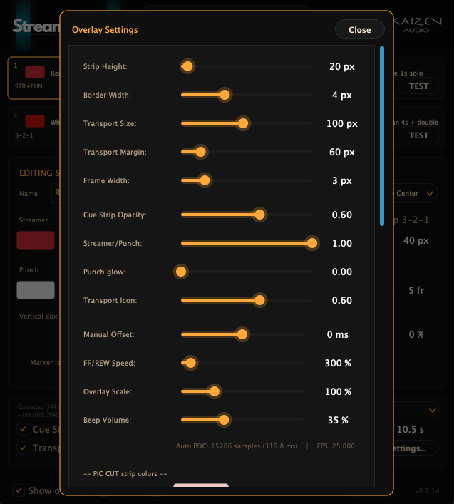 The Streamers Pro editor with the Overlay Settings panel open over it