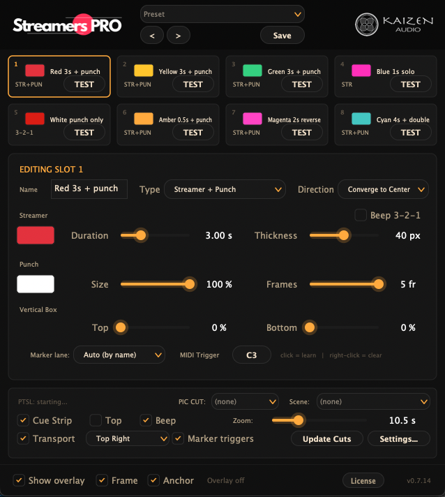 The full Streamers Pro editor: preset bar, the 4×2 grid of boxes, the edit panel, the Pro Tools panel and the bottom status bar